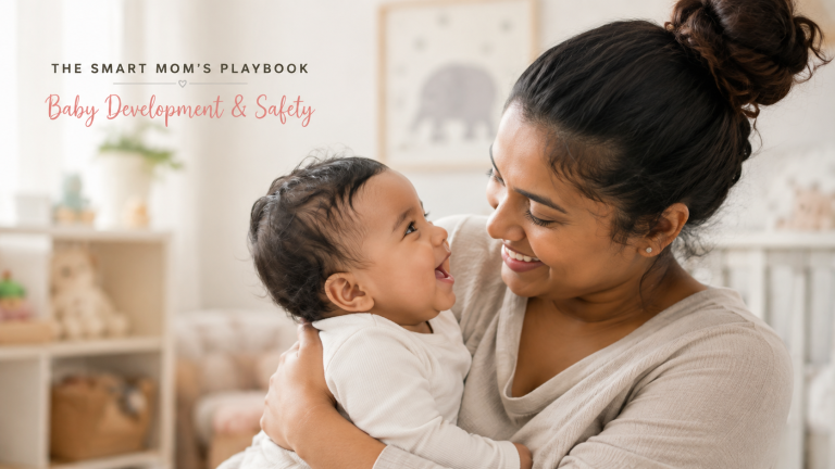 Smiling mother holding her baby while demonstrating baby development and safety in a safe nursery environment.
