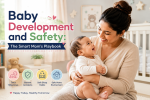 Baby Development and Safety Playbook featuring a smiling mother bonding with her baby in a safe nursery.