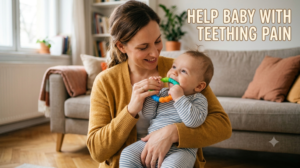 teething pain relief with a soothing baby chewing on a teething ring