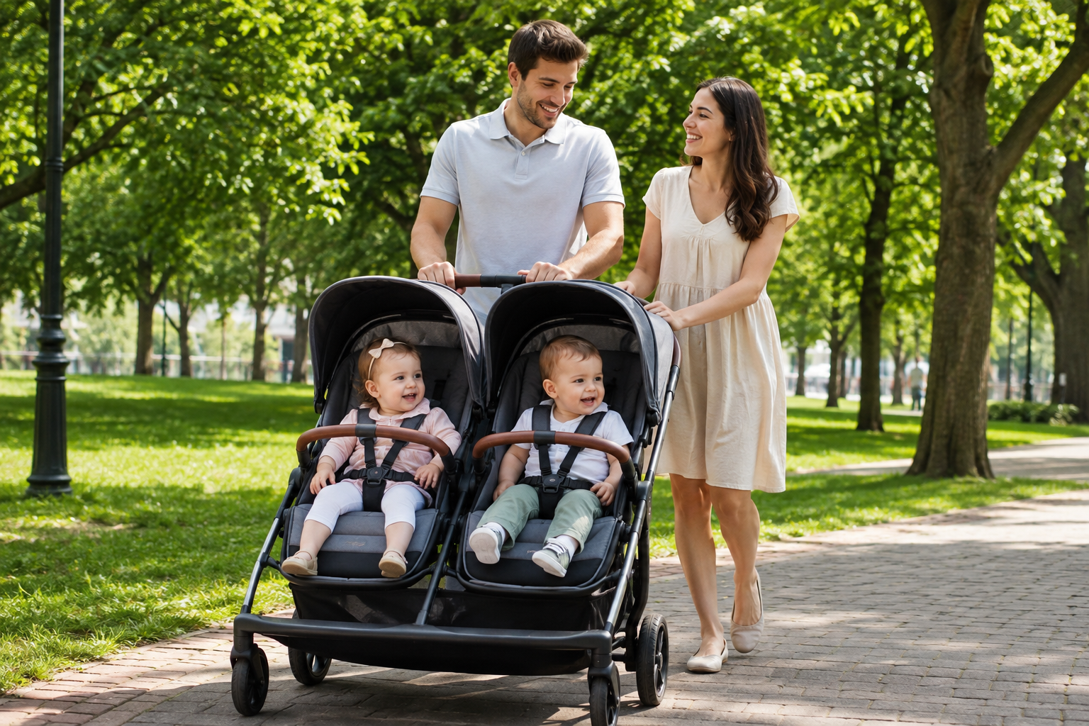 Parents walking in a park with a premium double stroller carrying two children