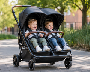 Side by side double stroller designed for twins