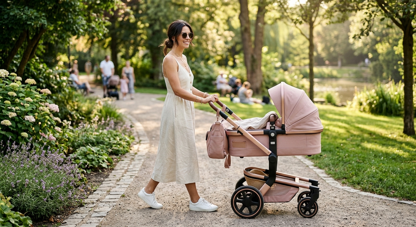 A stylish mother pushing a rose gold and blush pink baby girl stroller in a park