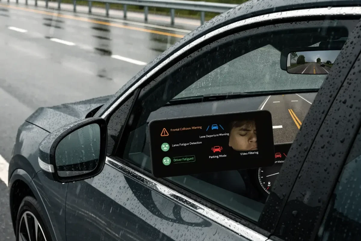 Exterior shot of a car driving on a rainy road with an inset screen displaying driver fatigue alerts, forward collision warnings, and parking mode indicators.